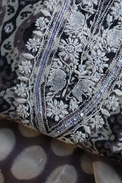 Grey & White Soft Cotton Printed Unstitched Kurta Dupatta Set with Chikankari & Sequin Work