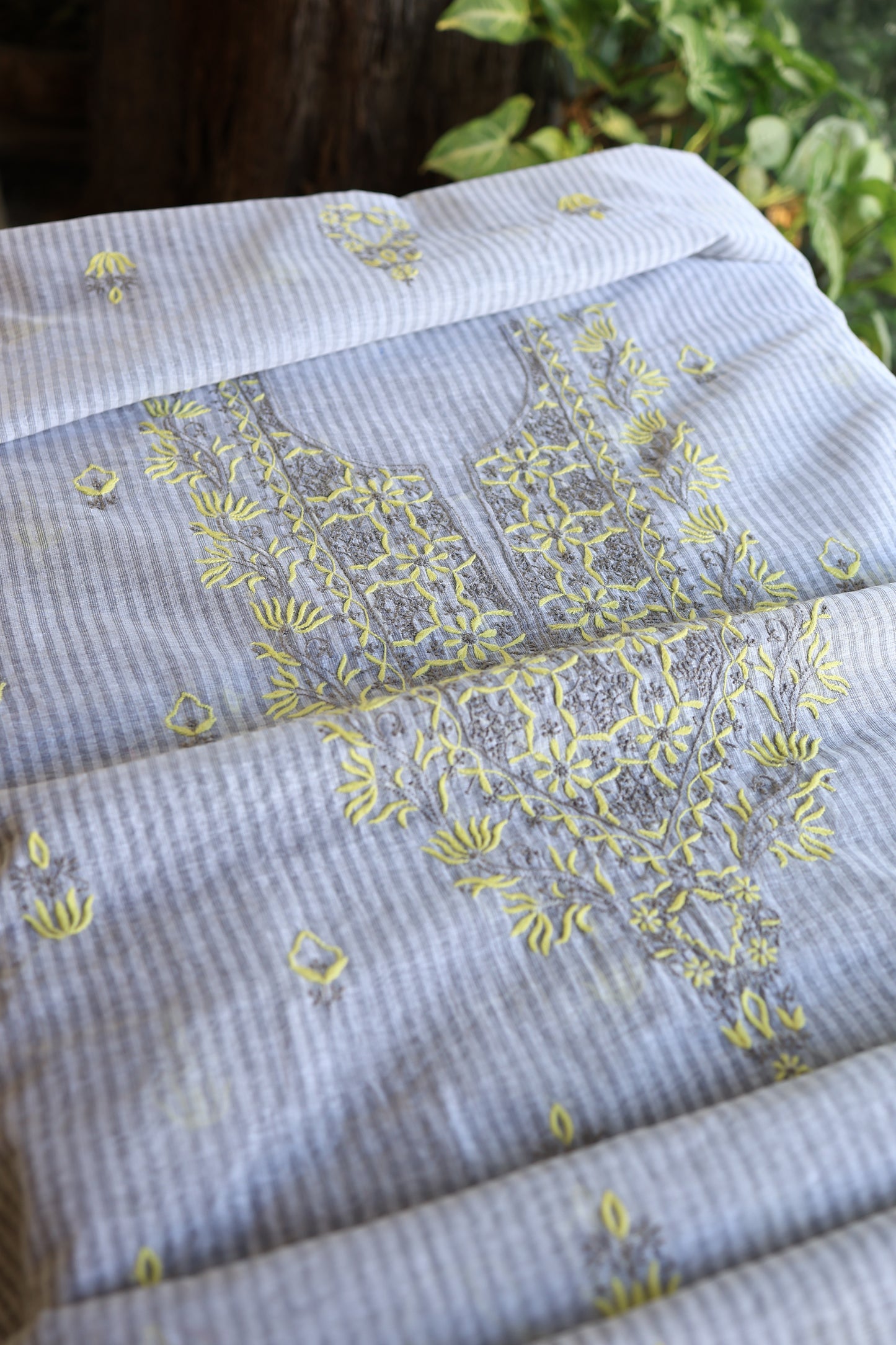 Grey & Yellow Shade Stripe Cotton Kurta Fabric with Contrast Chikankari