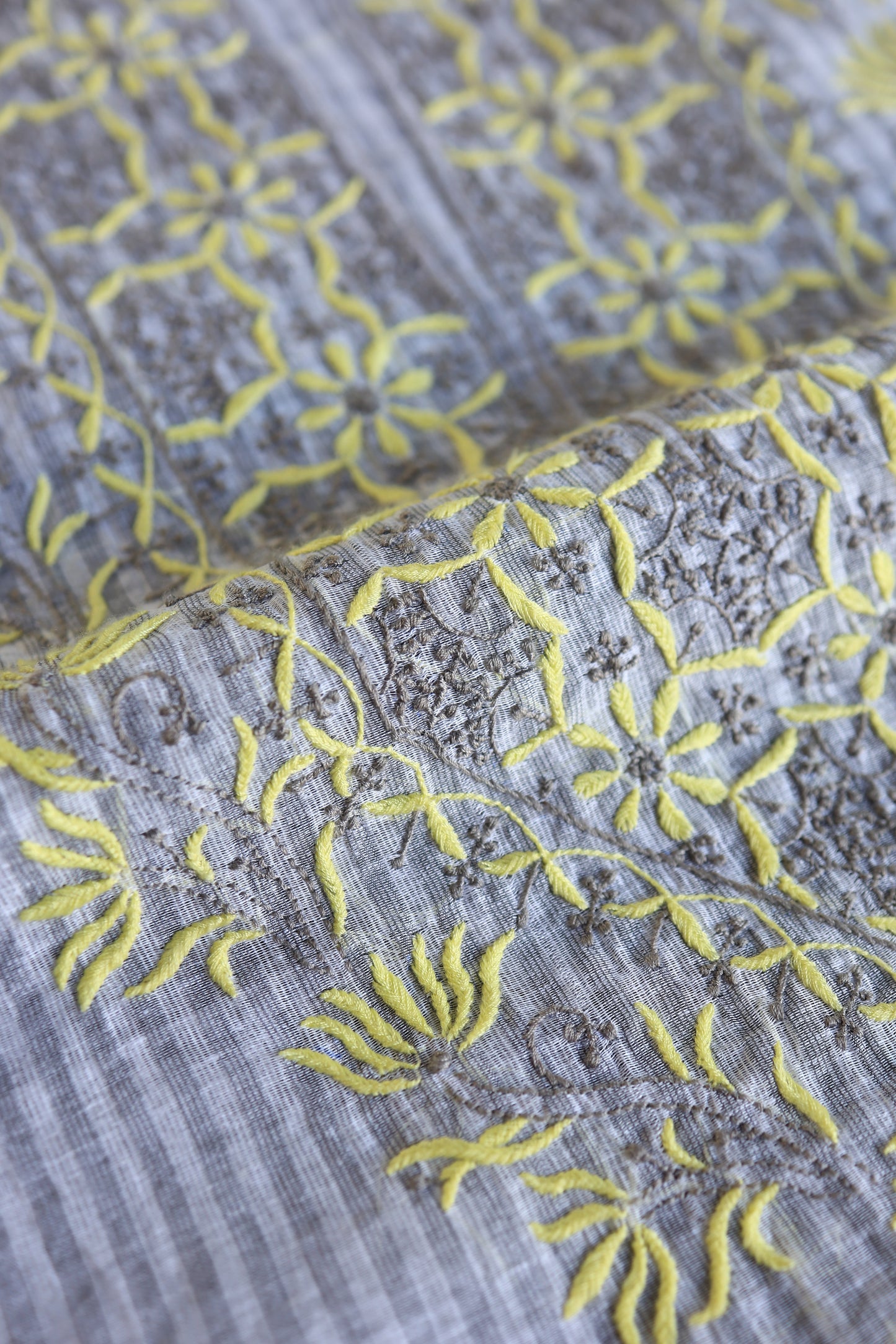 Grey & Yellow Shade Stripe Cotton Kurta Fabric with Contrast Chikankari