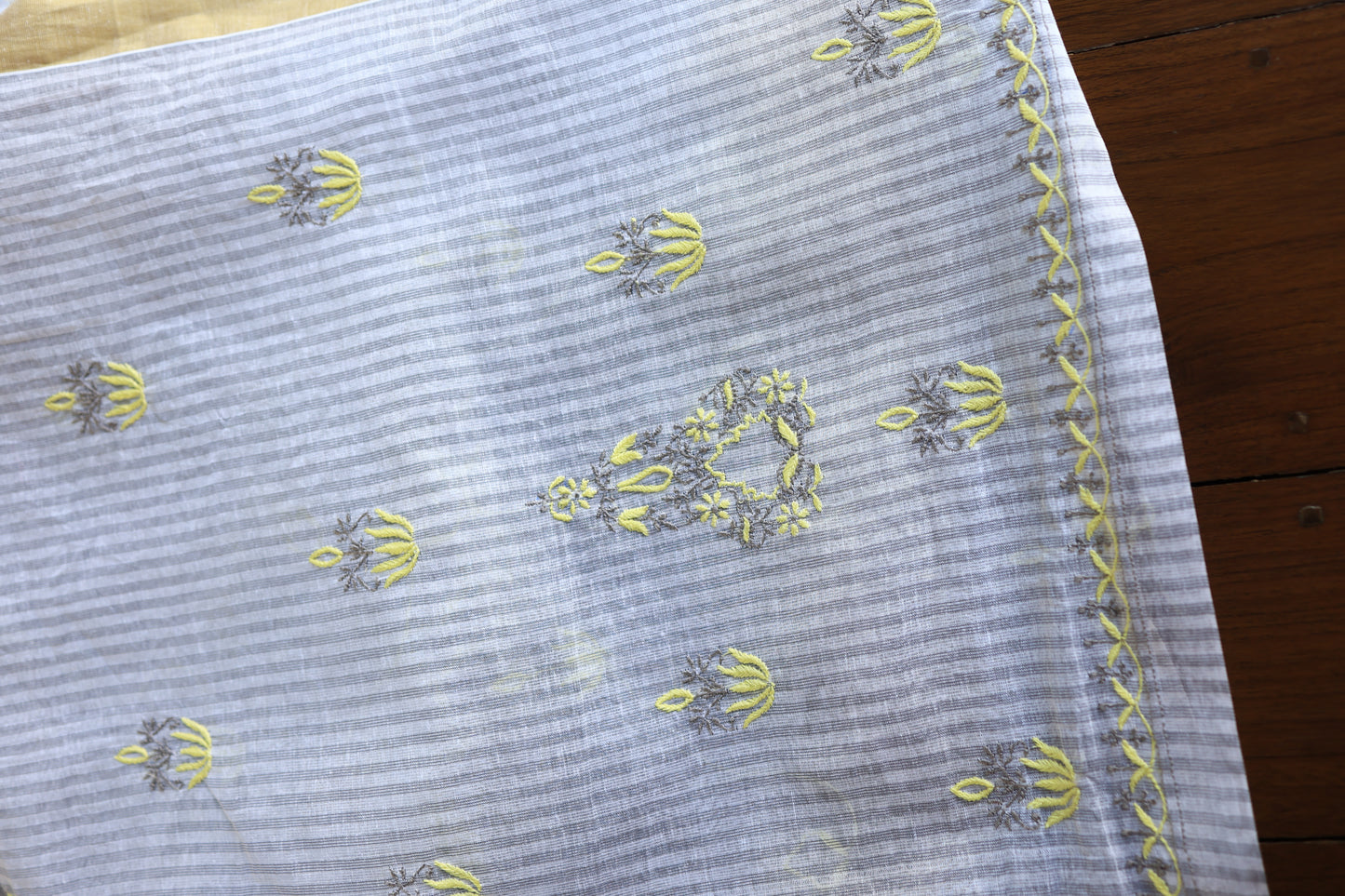 Grey & Yellow Shade Stripe Cotton Kurta Fabric with Contrast Chikankari