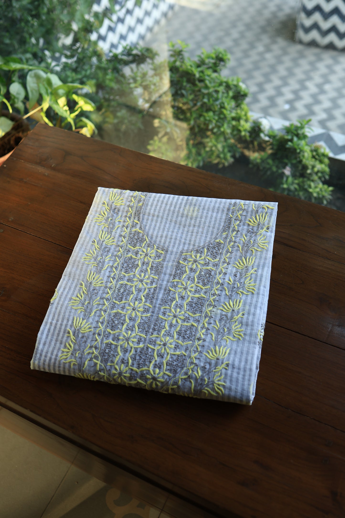 Grey & Yellow Shade Stripe Cotton Kurta Fabric with Contrast Chikankari