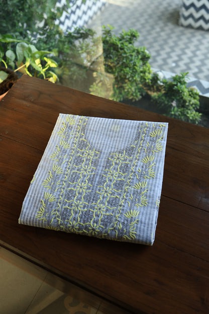 Grey & Yellow Shade Stripe Cotton Kurta Fabric with Contrast Chikankari