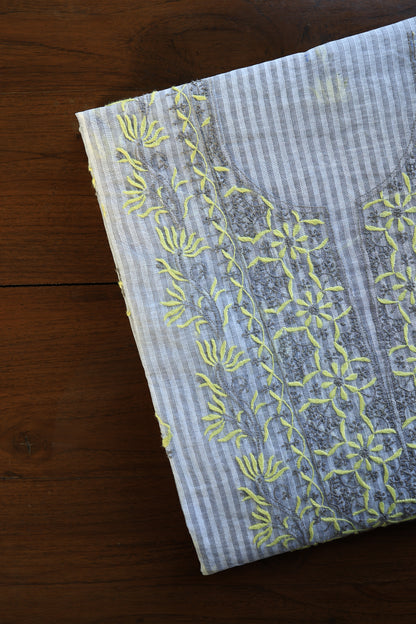 Grey & Yellow Shade Stripe Cotton Kurta Fabric with Contrast Chikankari