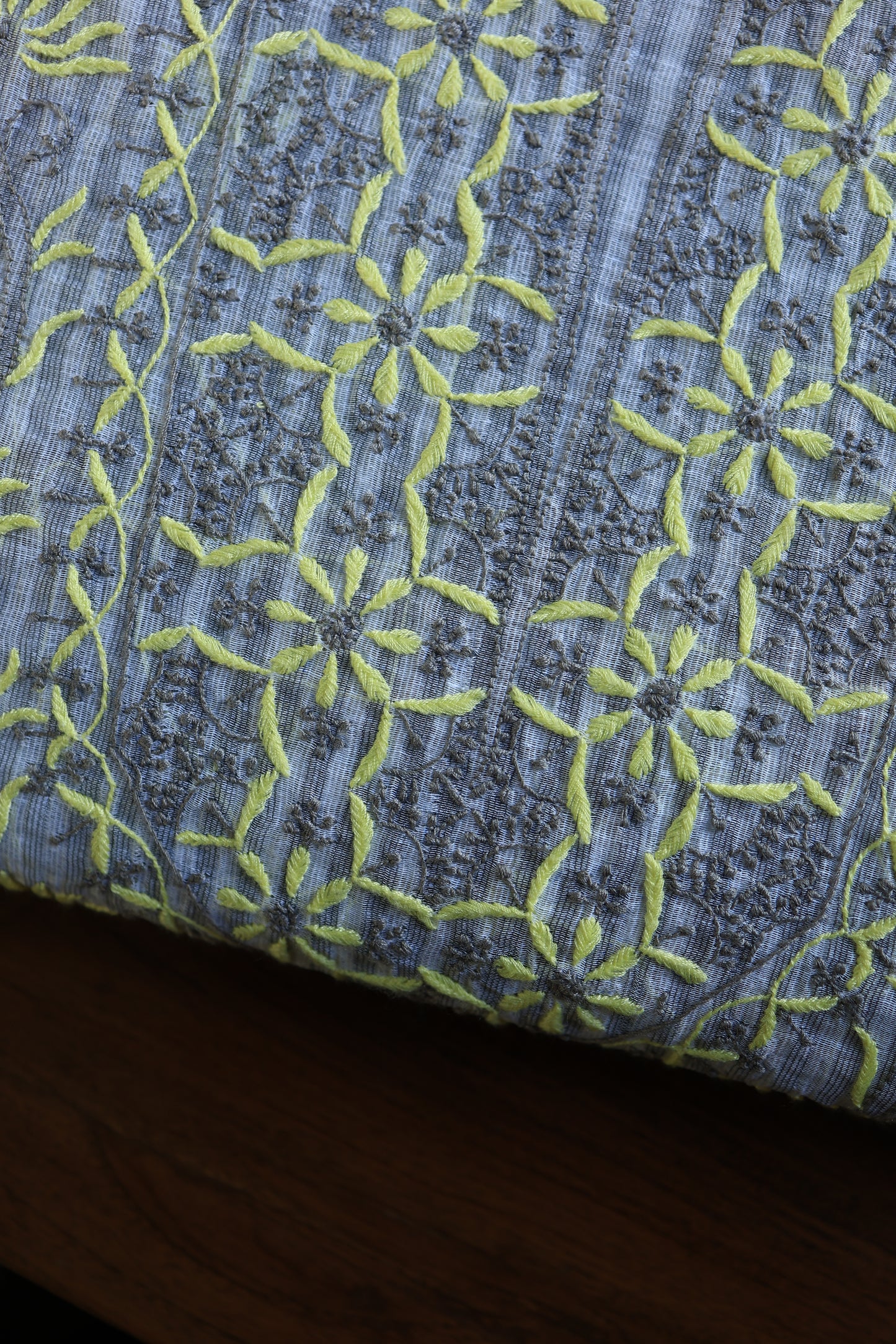 Grey & Yellow Shade Stripe Cotton Kurta Fabric with Contrast Chikankari