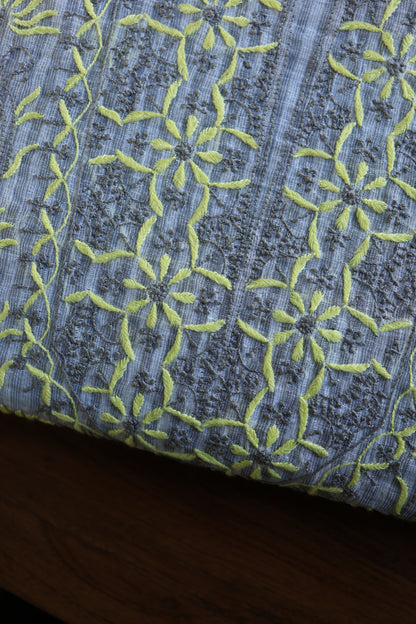 Grey & Yellow Shade Stripe Cotton Kurta Fabric with Contrast Chikankari