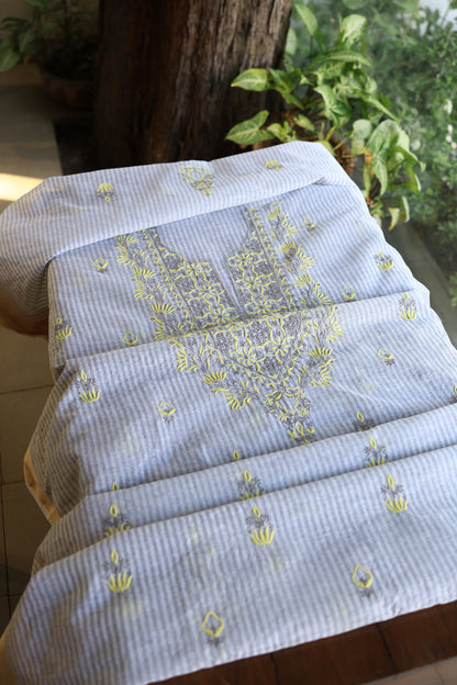 Grey & Yellow Shade Stripe Cotton Kurta Fabric with Contrast Chikankari