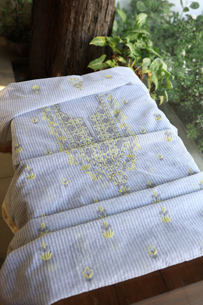 Grey & Yellow Shade Stripe Cotton Kurta Fabric with Contrast Chikankari