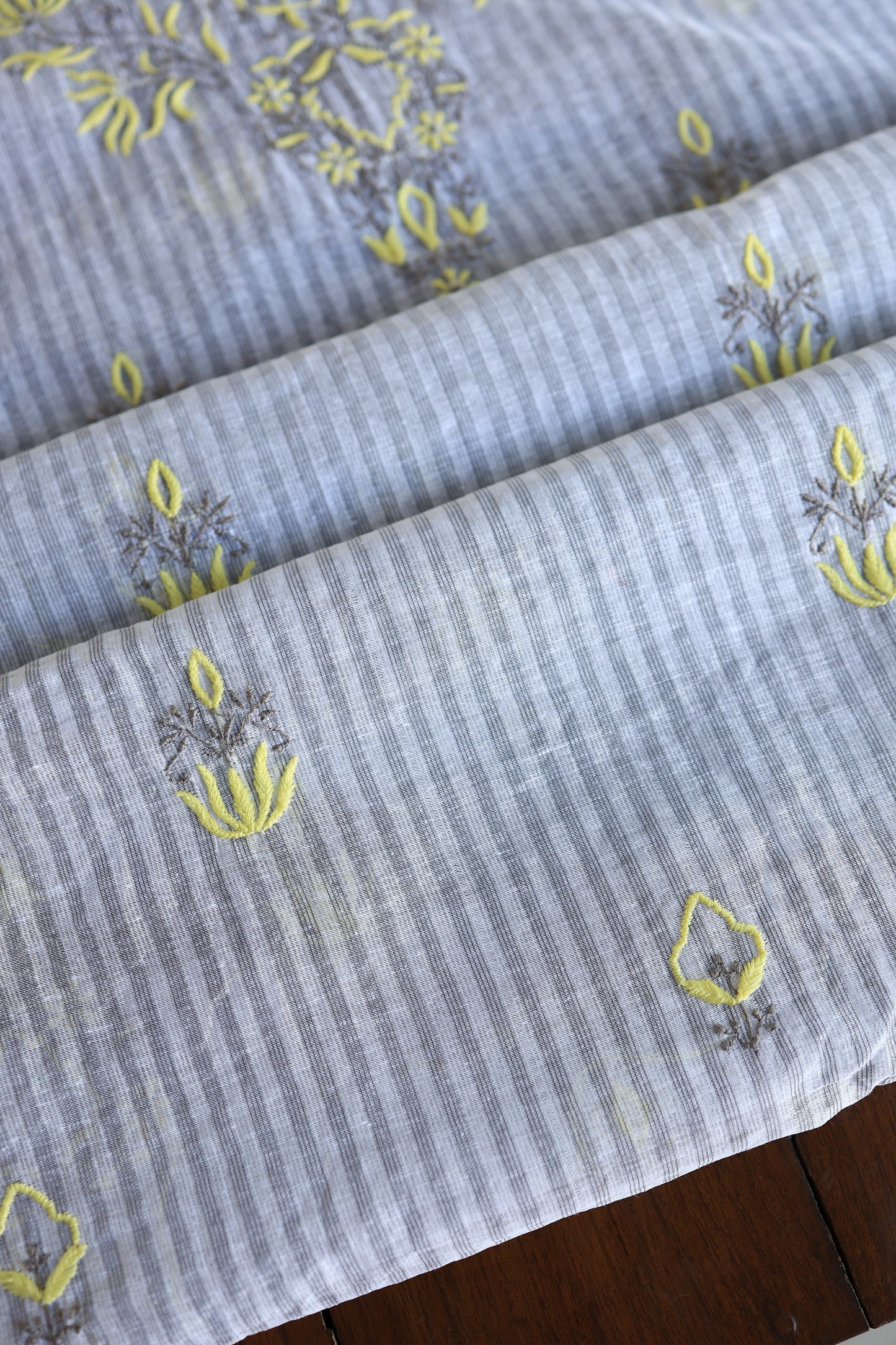 Grey & Yellow Shade Stripe Cotton Kurta Fabric with Contrast Chikankari