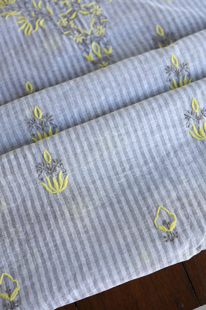 Grey & Yellow Shade Stripe Cotton Kurta Fabric with Contrast Chikankari