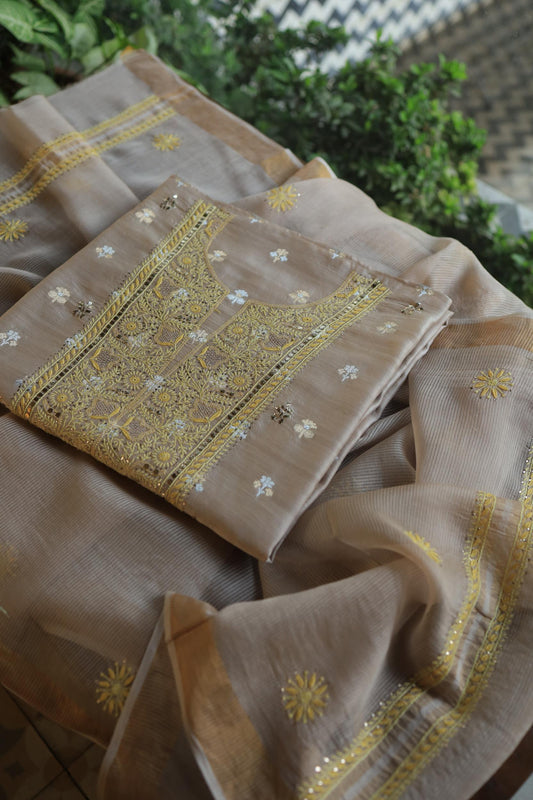 Grey & Yellow Zari Booti Fine Chikankari With Kamdani Work Unstitched Fabric