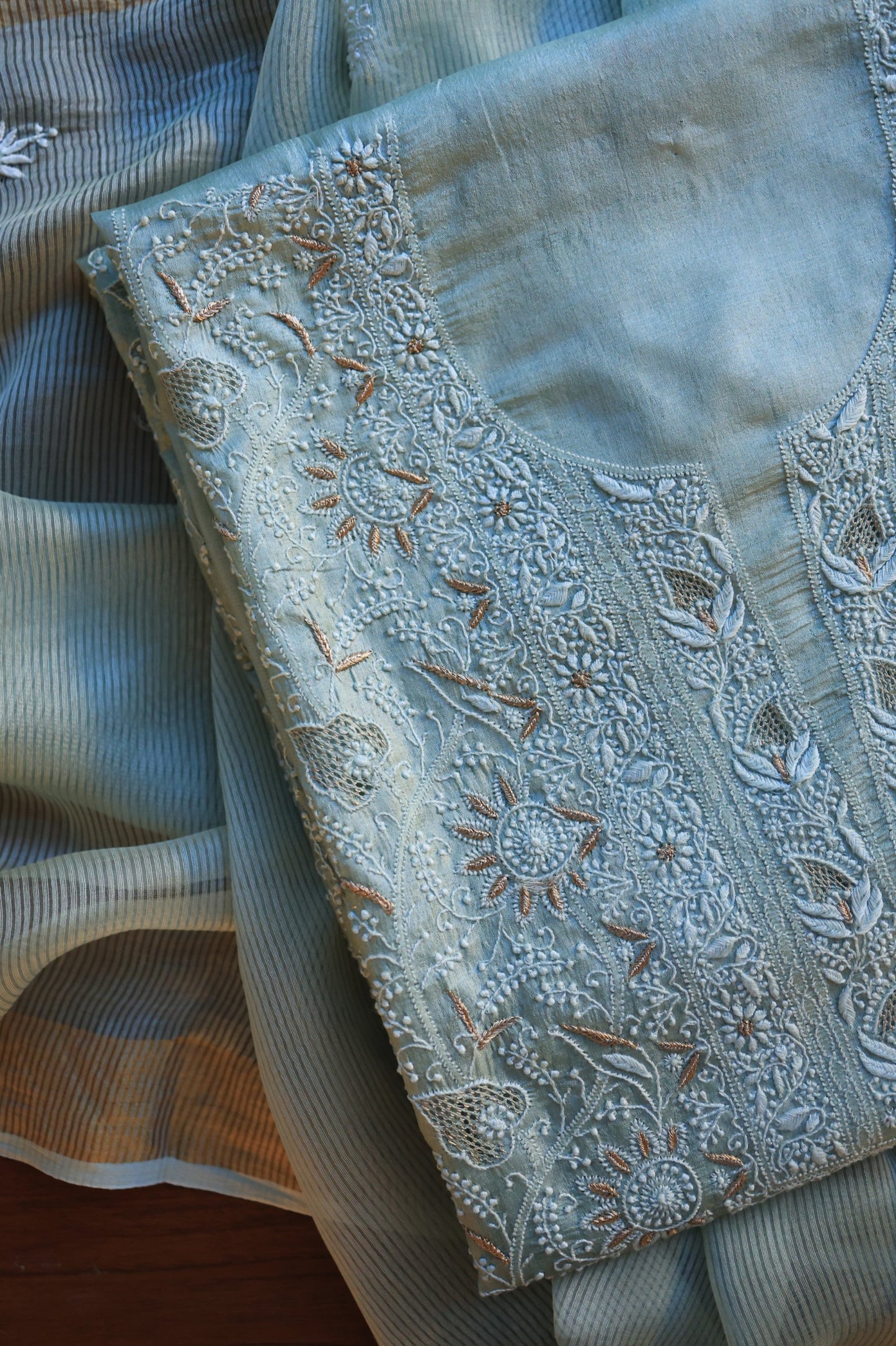 Greyish Blue Paper Tussar Resham Chikankari Unstitched Kurta Dupatta Set