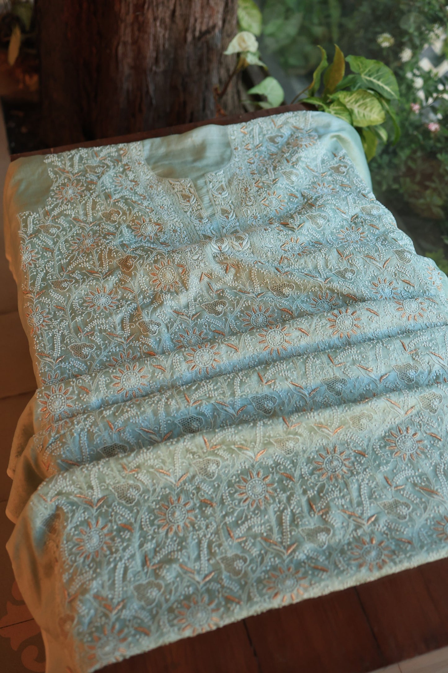 Greyish Blue Paper Tussar Resham Chikankari Unstitched Kurta Dupatta Set