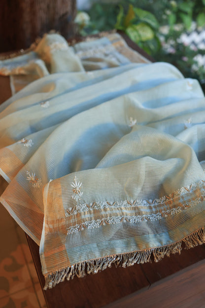 Greyish Blue Paper Tussar Resham Chikankari Unstitched Kurta Dupatta Set