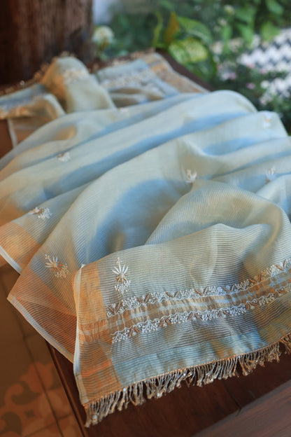 Greyish Blue Paper Tussar Resham Chikankari Unstitched Kurta Dupatta Set