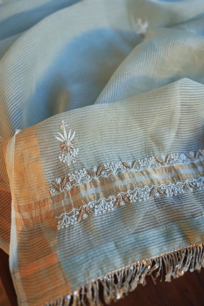 Greyish Blue Paper Tussar Resham Chikankari Unstitched Kurta Dupatta Set