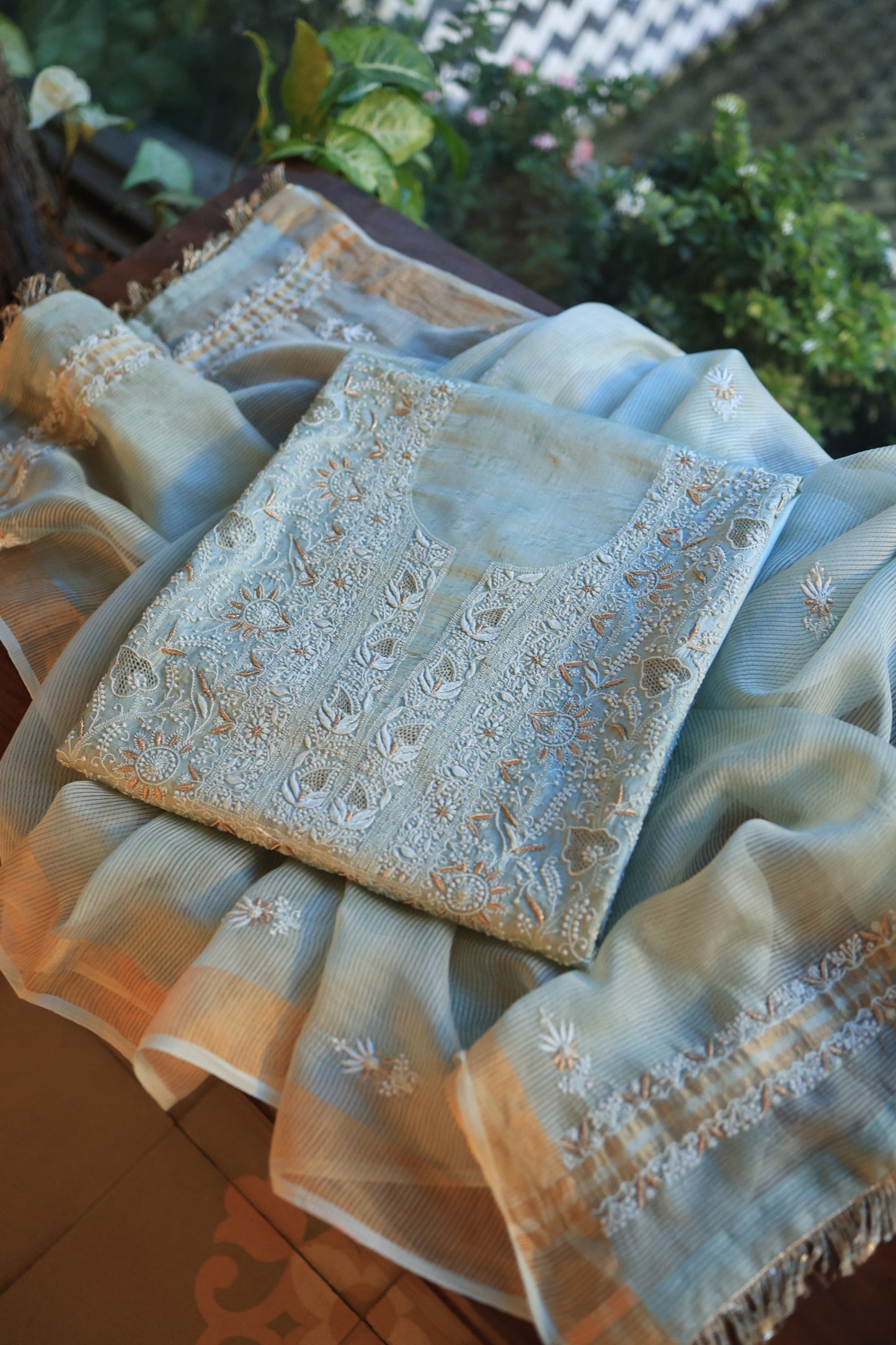 Greyish Blue Paper Tussar Resham Chikankari Unstitched Kurta Dupatta Set