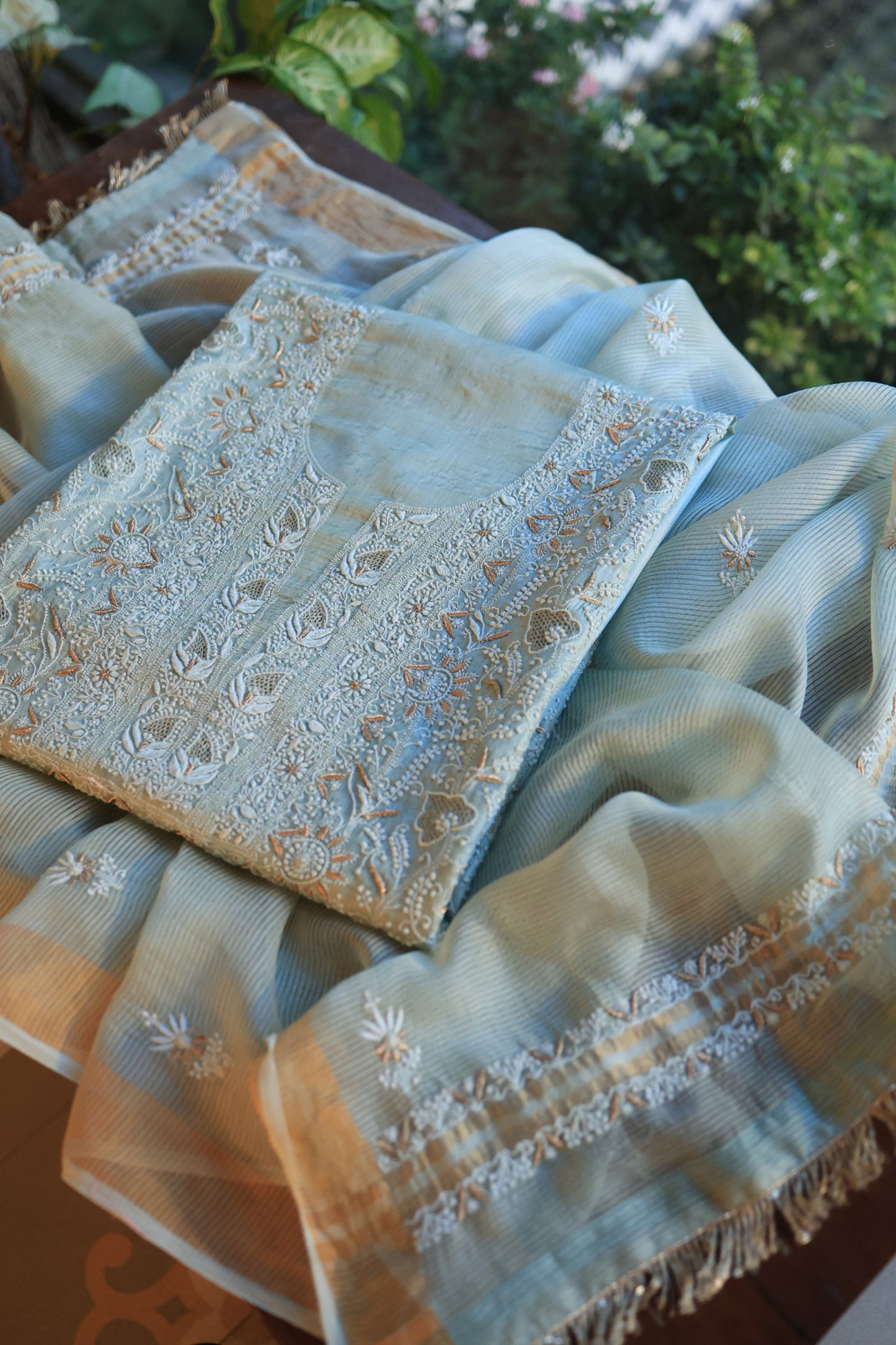 Greyish Blue Paper Tussar Resham Chikankari Unstitched Kurta Dupatta Set