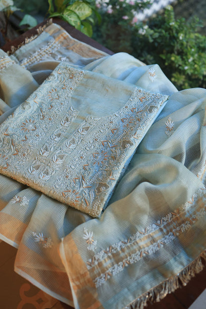 Greyish Blue Paper Tussar Resham Chikankari Unstitched Kurta Dupatta Set