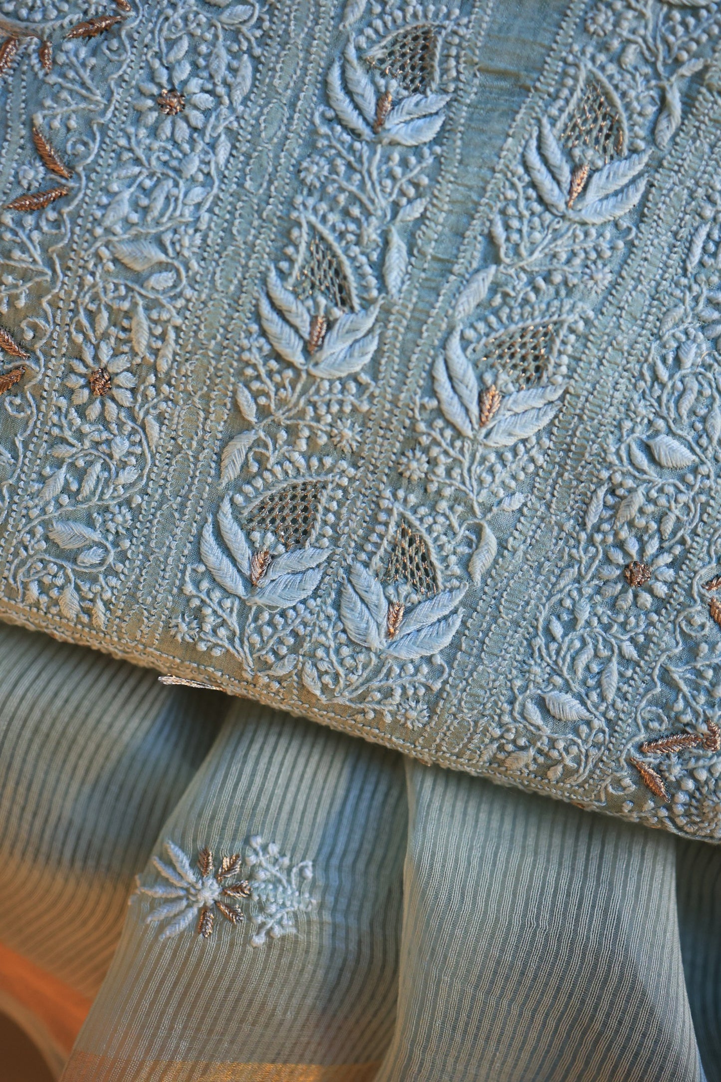 Greyish Blue Paper Tussar Resham Chikankari Unstitched Kurta Dupatta Set