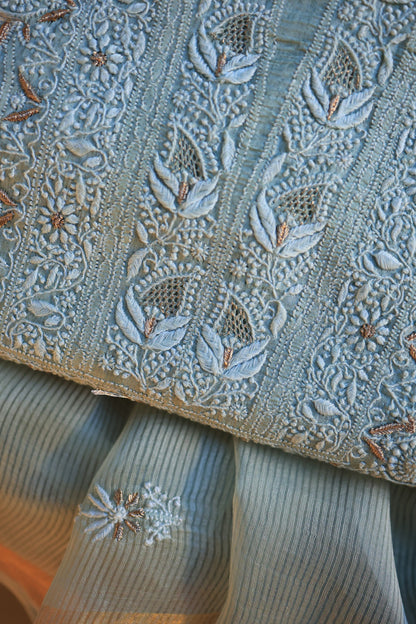 Greyish Blue Paper Tussar Resham Chikankari Unstitched Kurta Dupatta Set