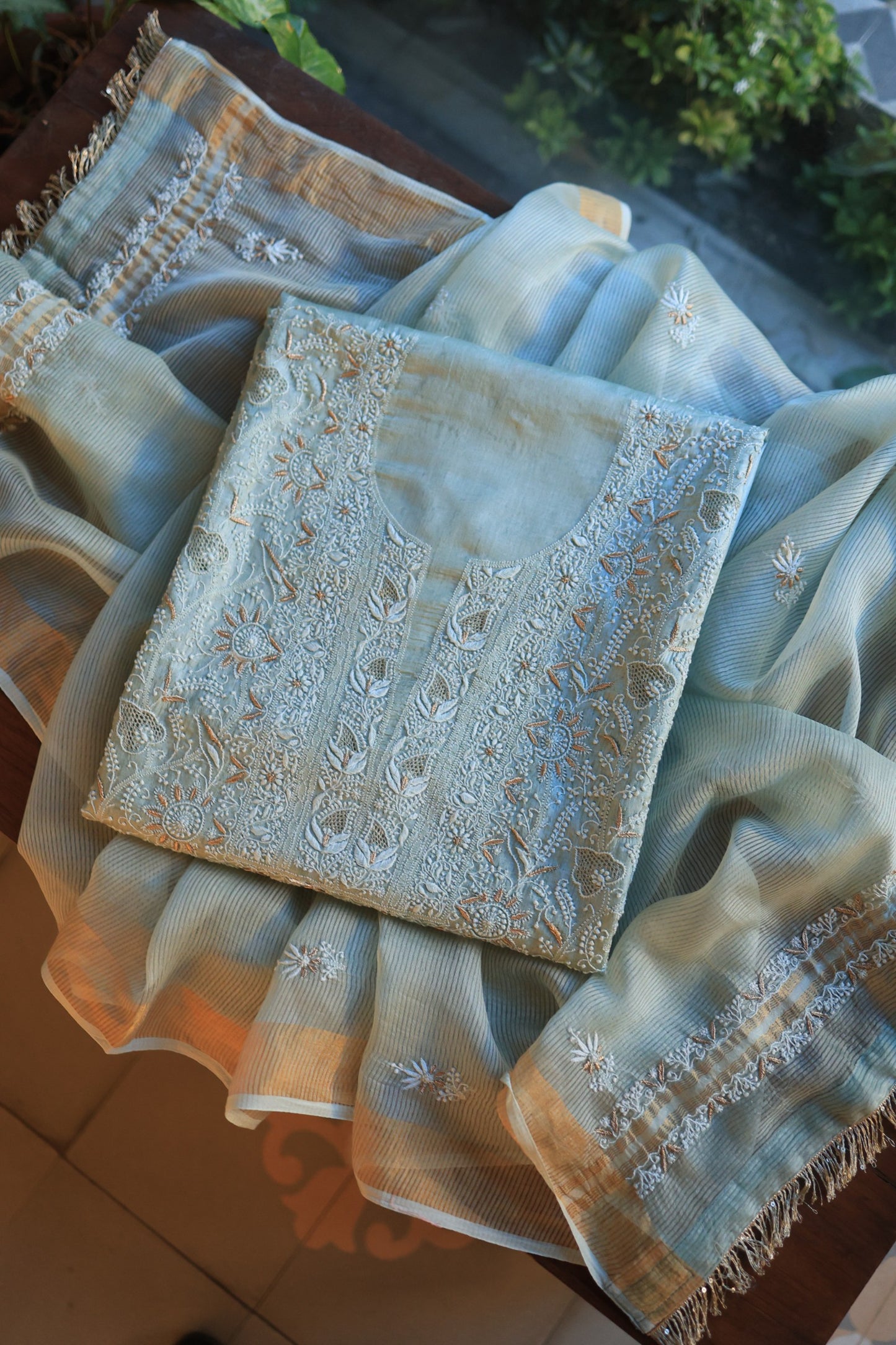 Greyish Blue Paper Tussar Resham Chikankari Unstitched Kurta Dupatta Set