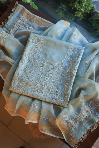 Greyish Blue Paper Tussar Resham Chikankari Unstitched Kurta Dupatta Set