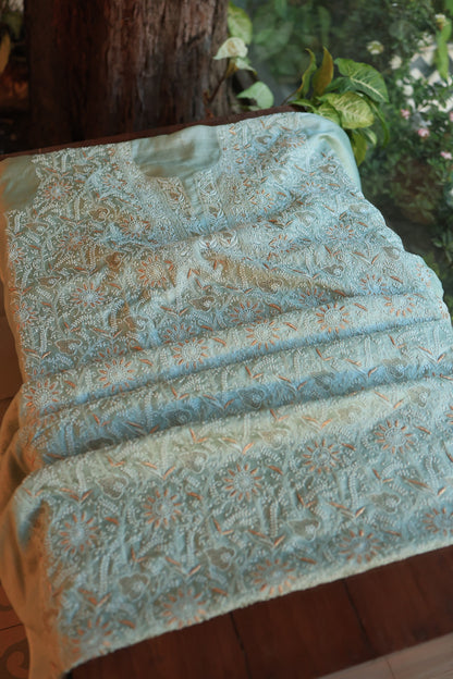 Greyish Blue Paper Tussar Resham Chikankari Unstitched Kurta Dupatta Set