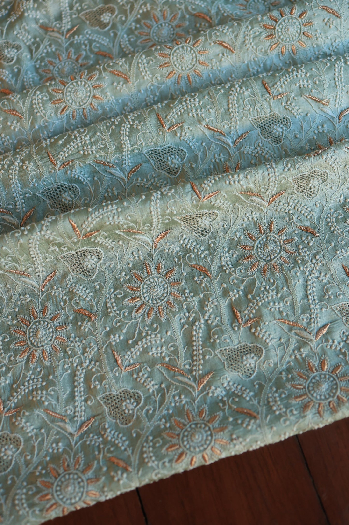 Greyish Blue Paper Tussar Resham Chikankari Unstitched Kurta Dupatta Set