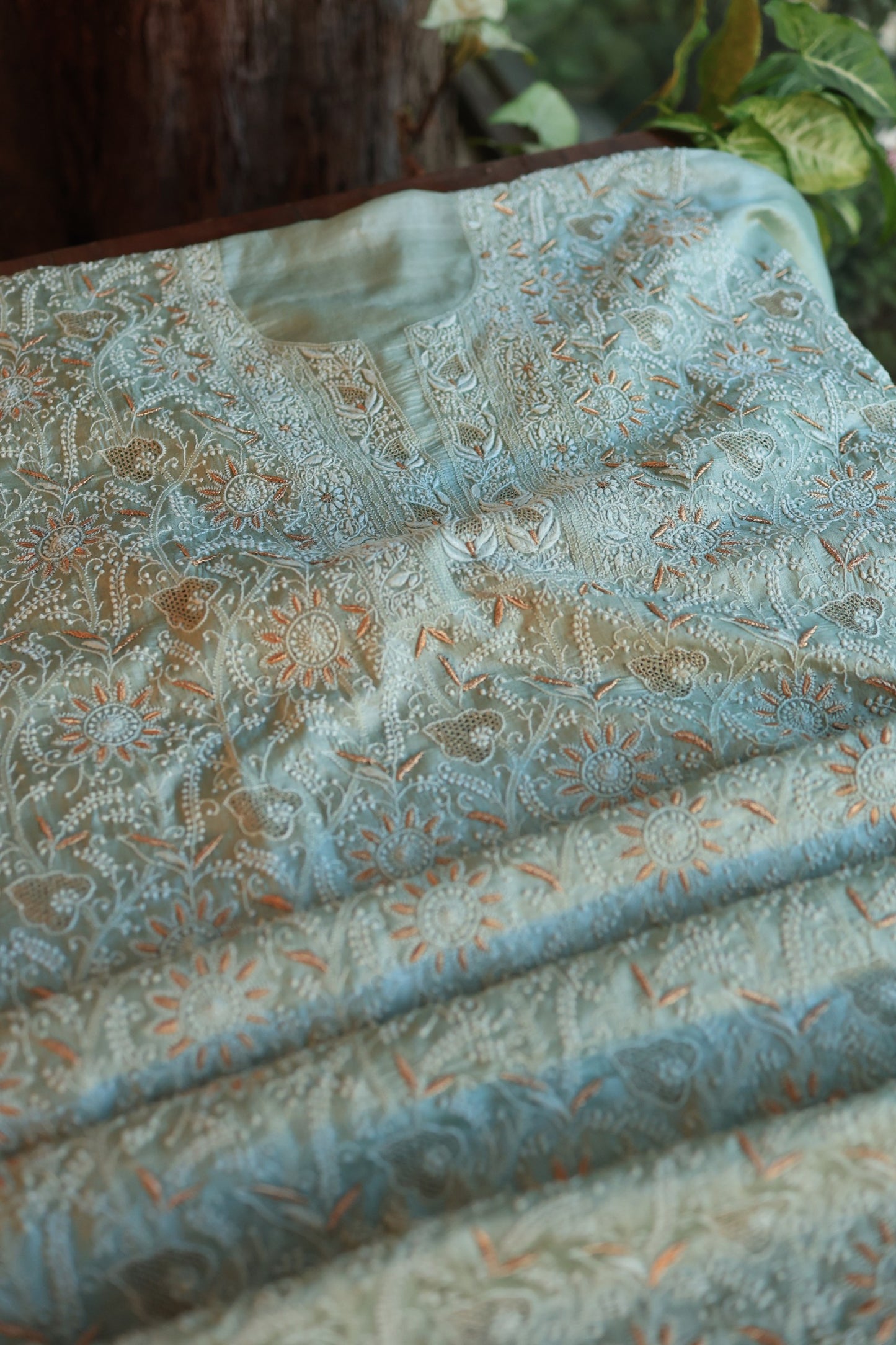 Greyish Blue Paper Tussar Resham Chikankari Unstitched Kurta Dupatta Set