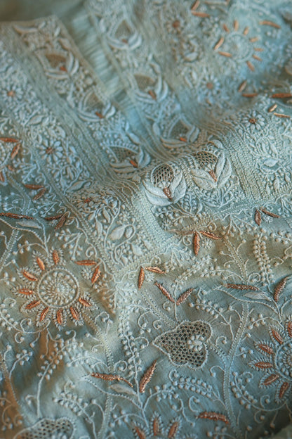 Greyish Blue Paper Tussar Resham Chikankari Unstitched Kurta Dupatta Set