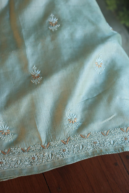 Greyish Blue Paper Tussar Resham Chikankari Unstitched Kurta Dupatta Set