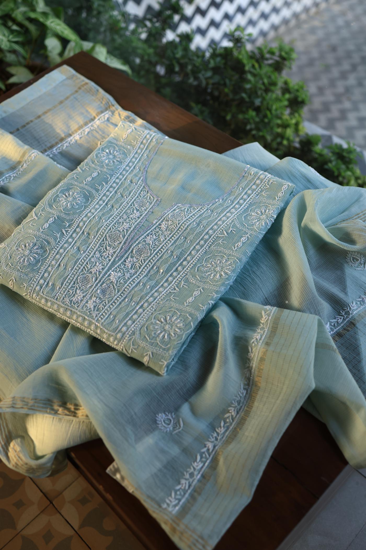 Greyish Blue Shade Chanderi Silk Mukaish Badla Unstitched Fabric