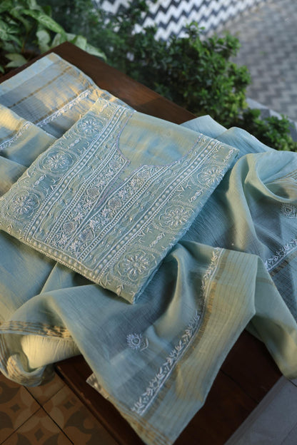 Greyish Blue Shade Chanderi Silk Mukaish Badla Unstitched Fabric