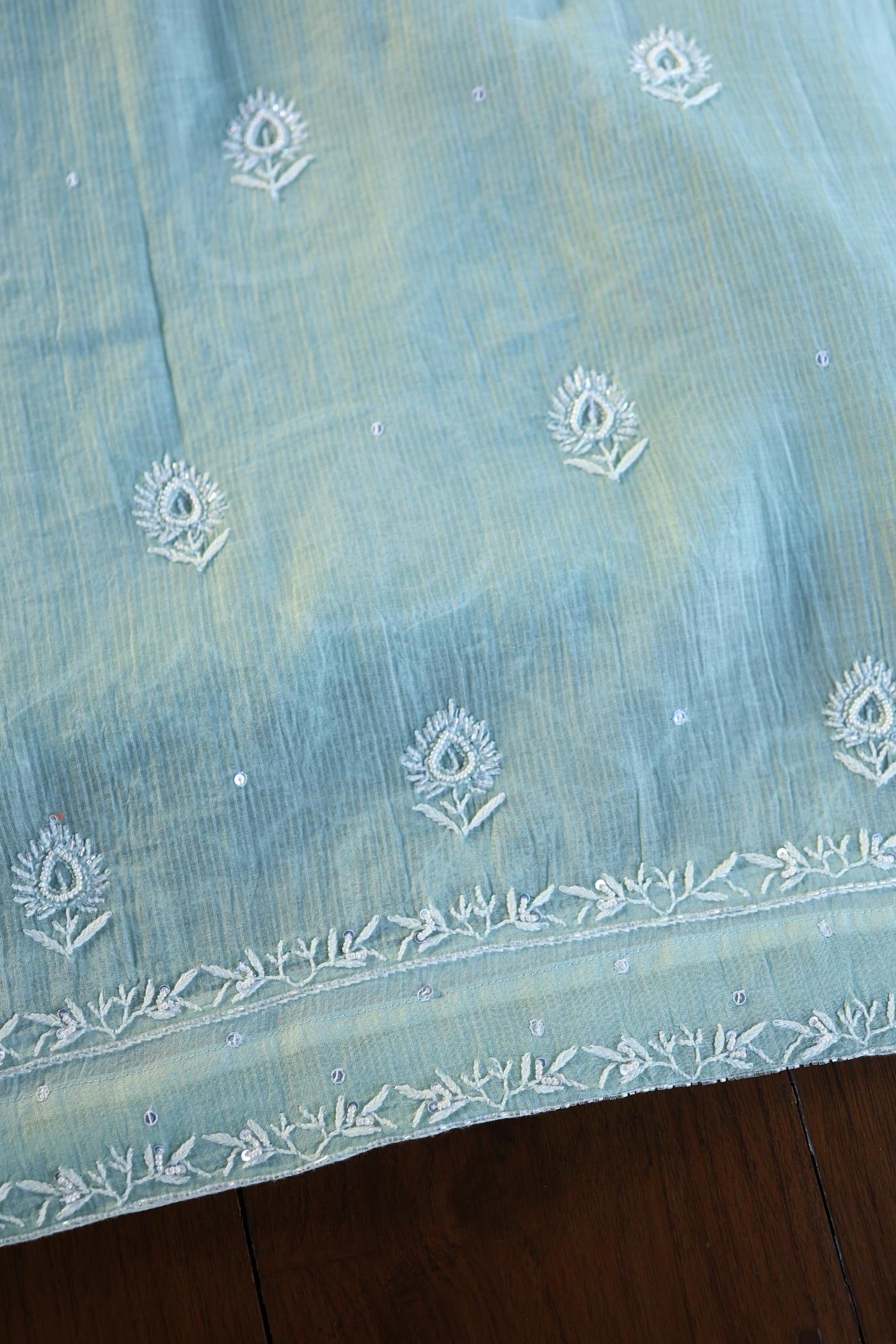 Greyish Blue Shade Chanderi Silk Mukaish Badla Unstitched Fabric