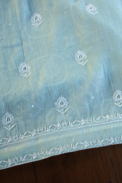 Greyish Blue Shade Chanderi Silk Mukaish Badla Unstitched Fabric