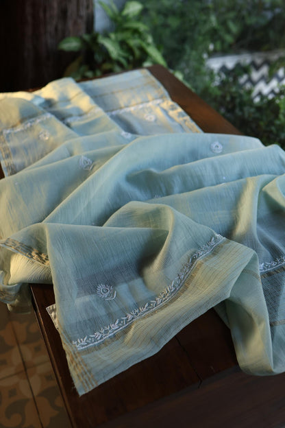 Greyish Blue Shade Chanderi Silk Mukaish Badla Unstitched Fabric