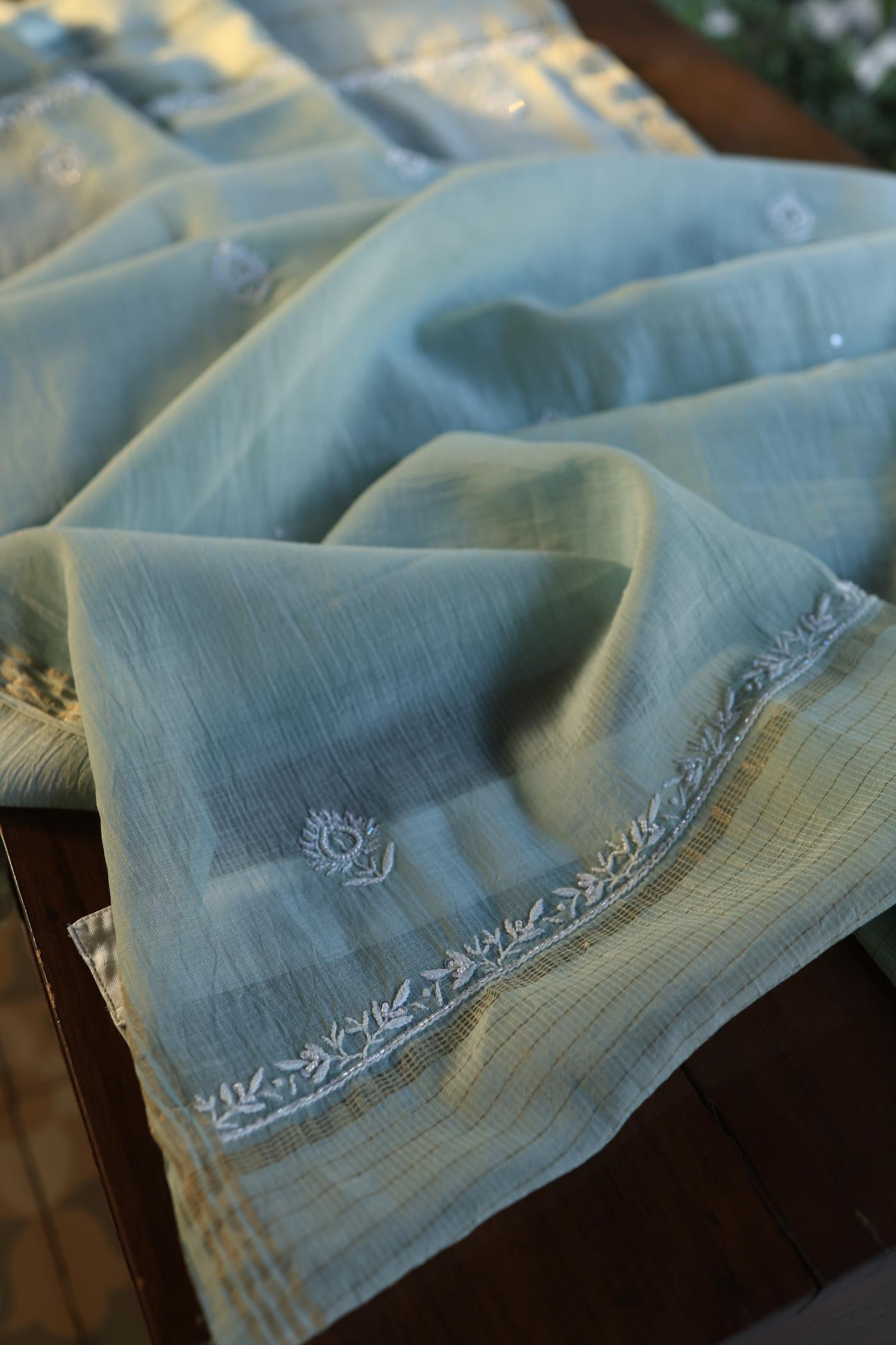 Greyish Blue Shade Chanderi Silk Mukaish Badla Unstitched Fabric
