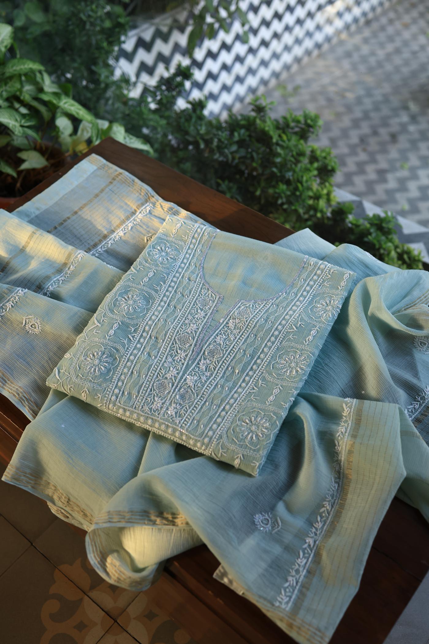 Greyish Blue Shade Chanderi Silk Mukaish Badla Unstitched Fabric
