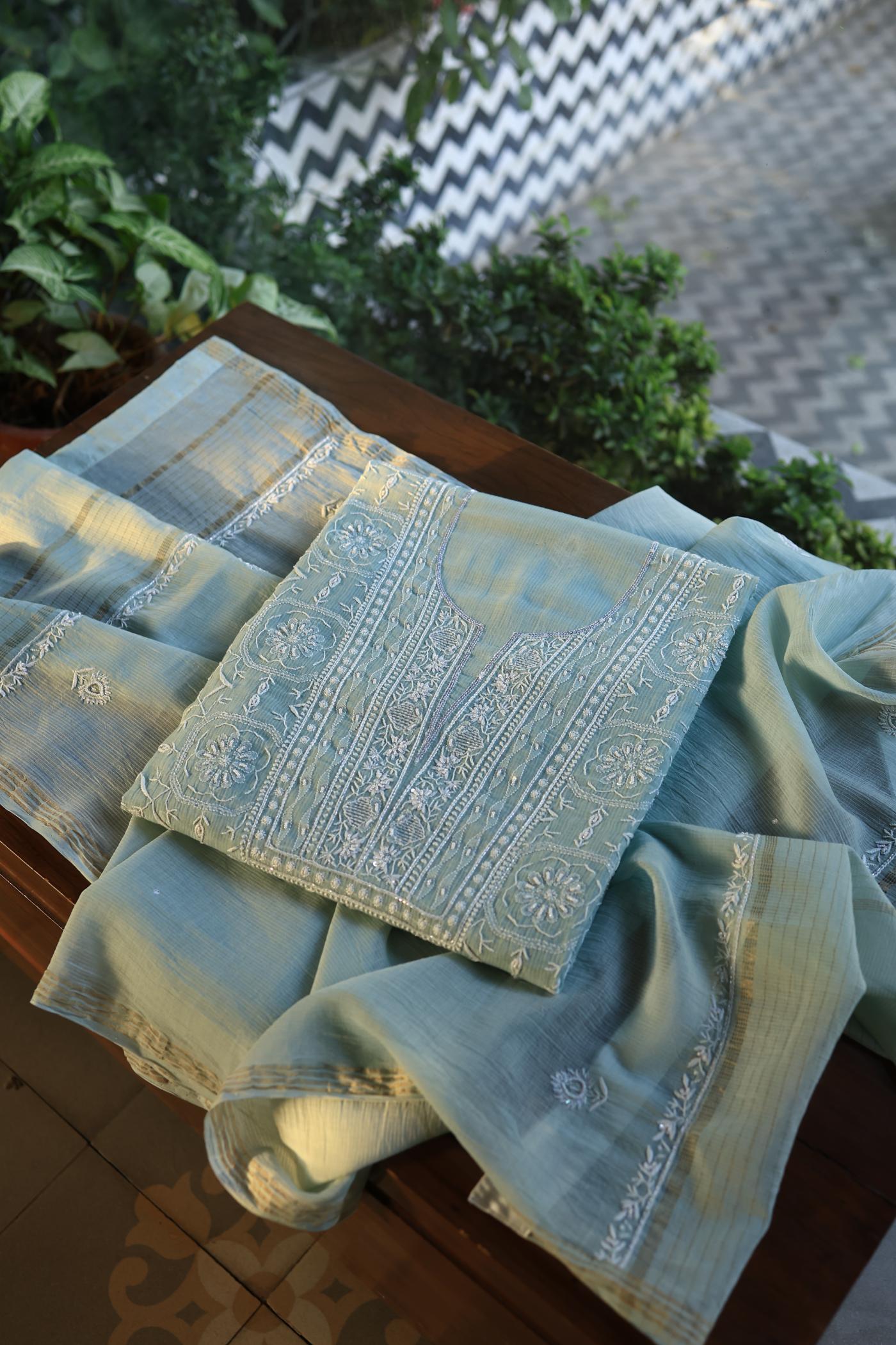 Greyish Blue Shade Chanderi Silk Mukaish Badla Unstitched Fabric