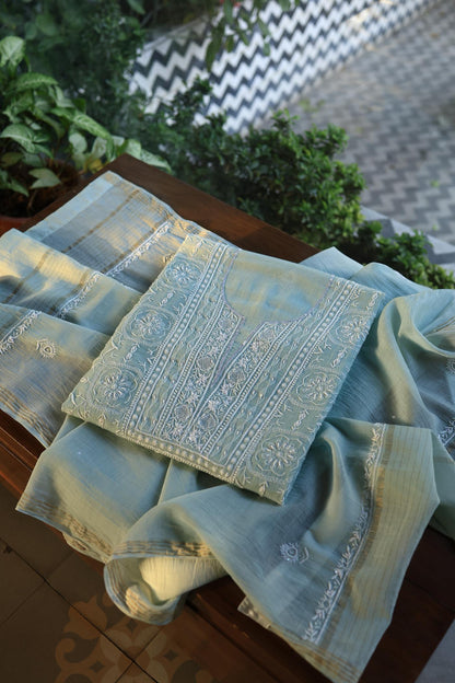 Greyish Blue Shade Chanderi Silk Mukaish Badla Unstitched Fabric