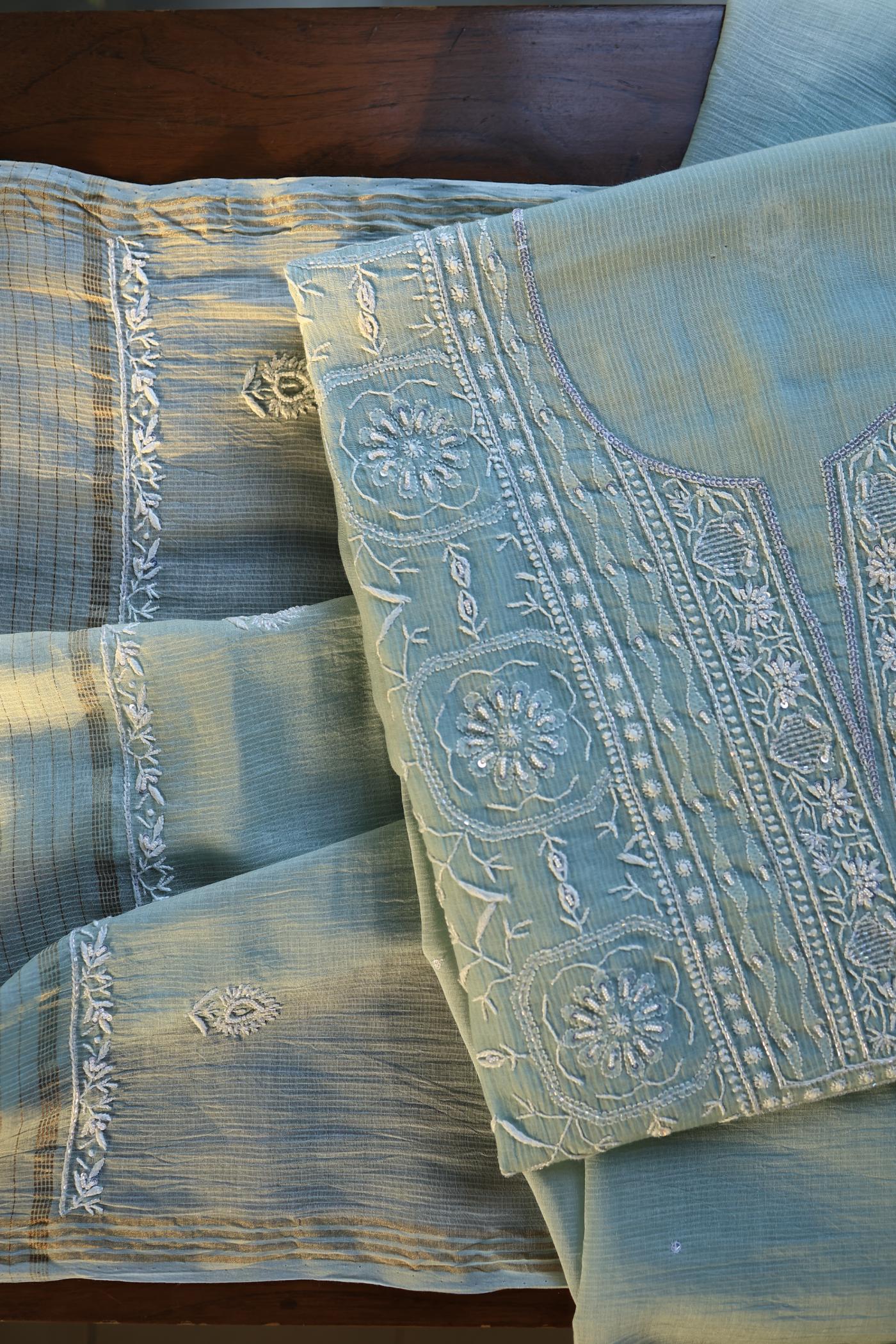 Greyish Blue Shade Chanderi Silk Mukaish Badla Unstitched Fabric