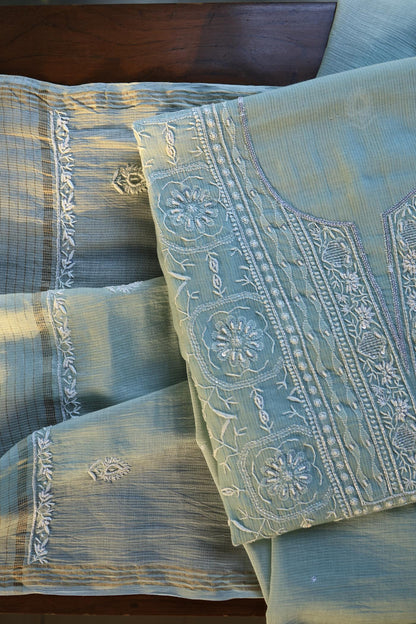 Greyish Blue Shade Chanderi Silk Mukaish Badla Unstitched Fabric