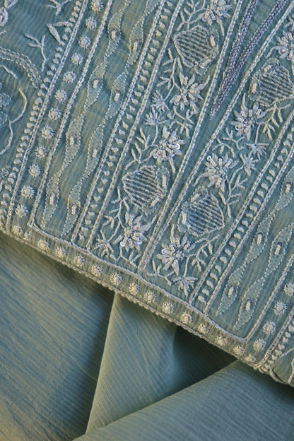 Greyish Blue Shade Chanderi Silk Mukaish Badla Unstitched Fabric