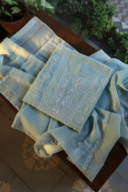Greyish Blue Shade Chanderi Silk Mukaish Badla Unstitched Fabric