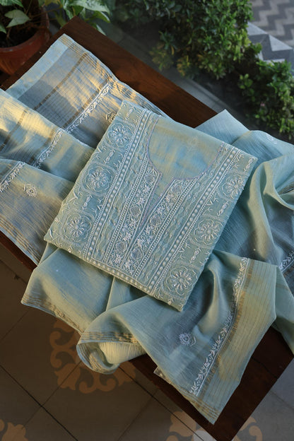 Greyish Blue Shade Chanderi Silk Mukaish Badla Unstitched Fabric