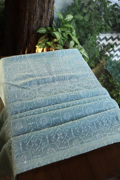 Greyish Blue Shade Chanderi Silk Mukaish Badla Unstitched Fabric