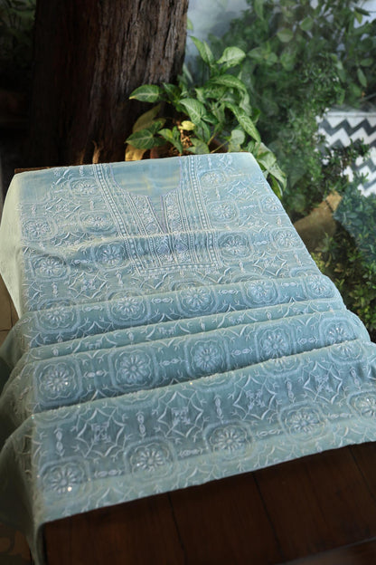 Greyish Blue Shade Chanderi Silk Mukaish Badla Unstitched Fabric