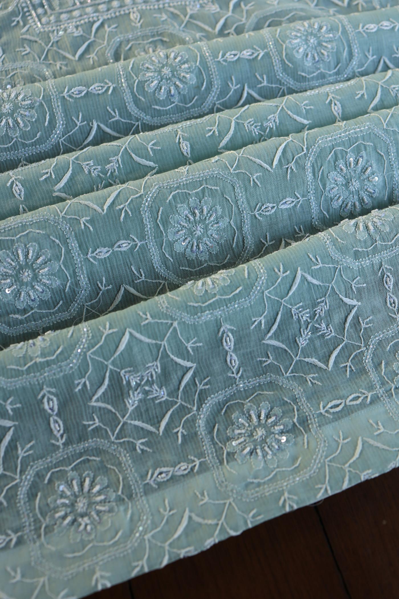 Greyish Blue Shade Chanderi Silk Mukaish Badla Unstitched Fabric