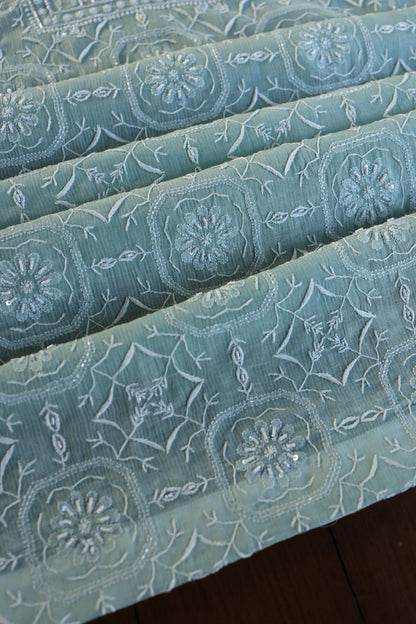 Greyish Blue Shade Chanderi Silk Mukaish Badla Unstitched Fabric