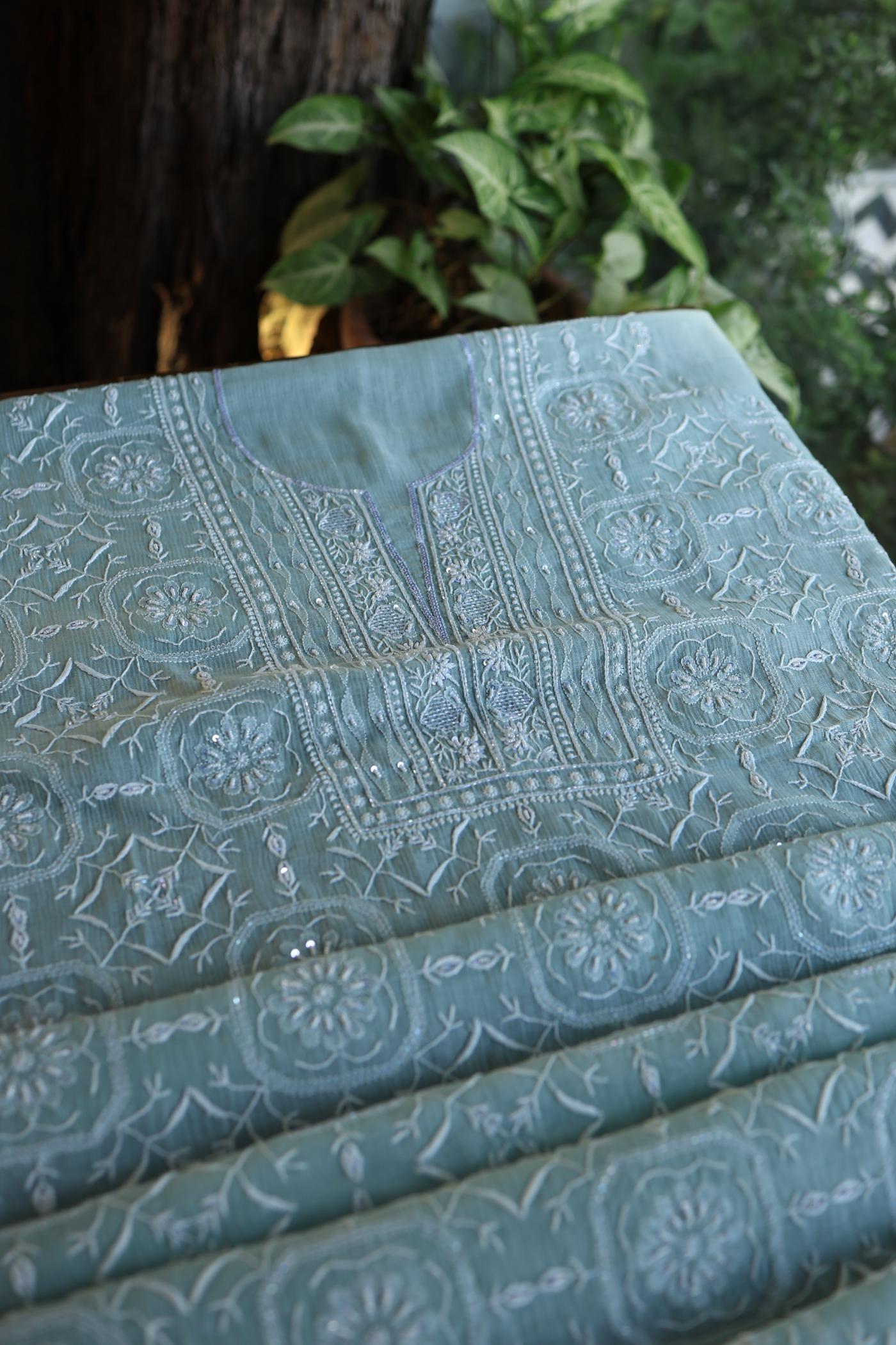 Greyish Blue Shade Chanderi Silk Mukaish Badla Unstitched Fabric